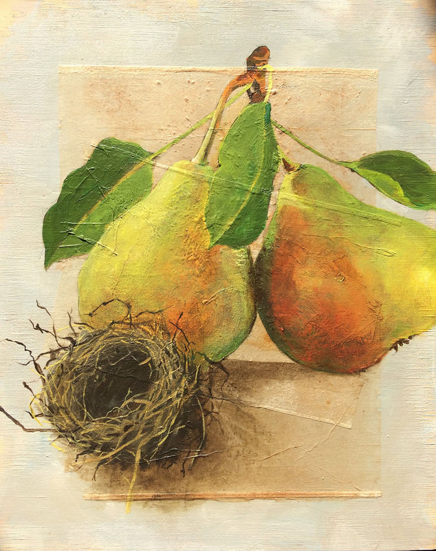 Pears with Nest, acrylic and teabags on wood panel, 8x10 inches