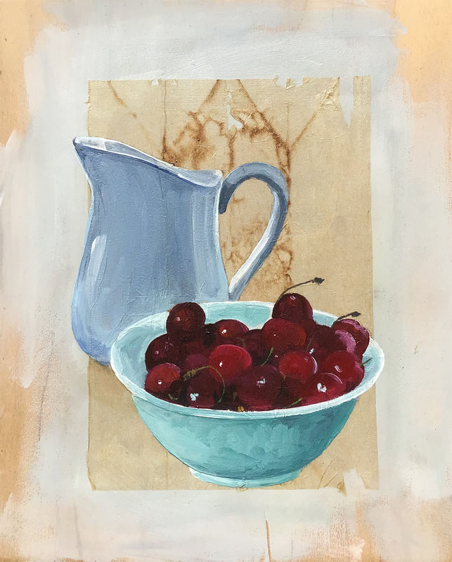 Pitcher With Cherries, acrylic and teabag on wood panel, 8x10 inches