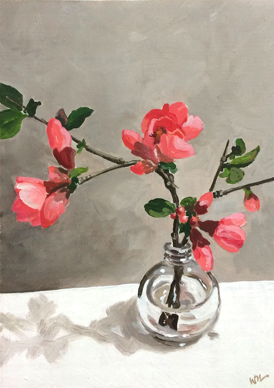 Quince Blossoms - Acrylic on wood panel, 5x7 inches